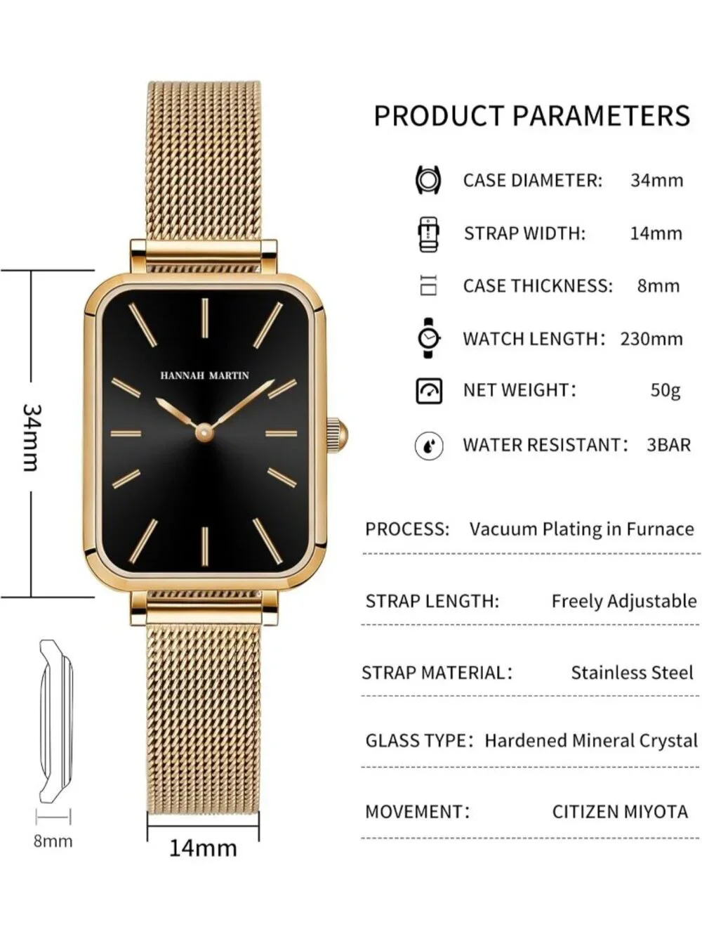 Womens Gold Black Analog Quartz Stainless Steel Vintage Rectangular Luxury Watch